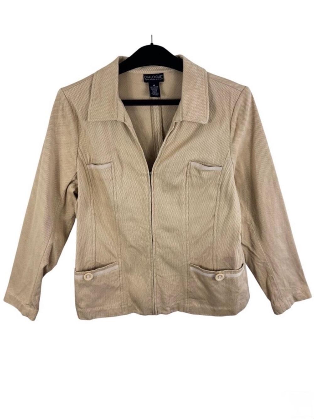 Dialogue Tan Beige Cotton Textured Full Zip Collared Jacket Size 14
